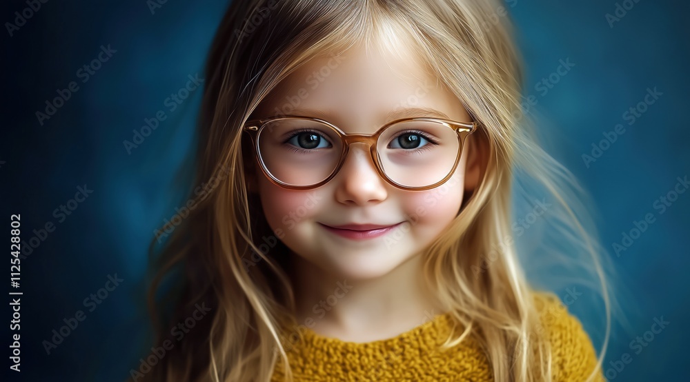Portrait d'une petite fille en gros plan, souriante portant des lunettes, sur fond bleu, vêtue d'un pull couleur moutarde et avec des cheveux longs. Portrait d'une petite fille en gros plan, souriante portant des lunettes, sur fond bleu, vêtue d'un pull couleur moutarde et avec des cheveux longs.