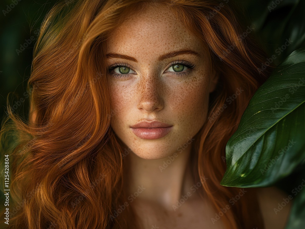Portrait of Attractive Woman with Long Wavy Red Hair and Green Eyes Portrait of Attractive Woman with Long Wavy Red Hair and Green Eyes