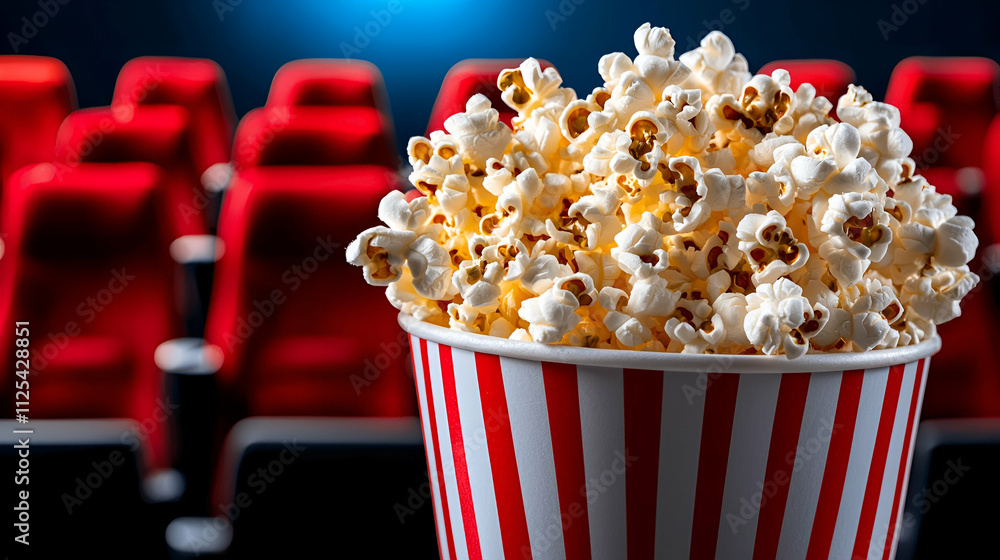 A close-up of a striped popcorn bucket in a movie theater, with empty red seats and a blurred background, creating a cinematic atmosphere. A close-up of a striped popcorn bucket in a movie theater, with empty red seats and a blurred background, creating a cinematic atmosphere.