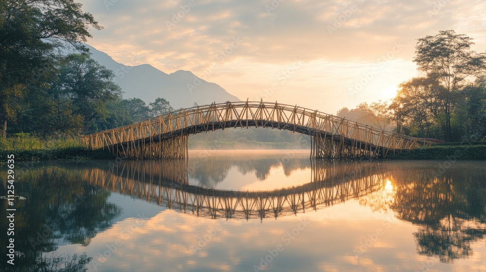 Fototapeta premium Serene Bamboo Bridge Over Calm Water at Sunrise in Nature
