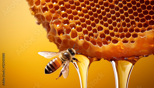 Honeybee approaching dripping honeycomb  photo