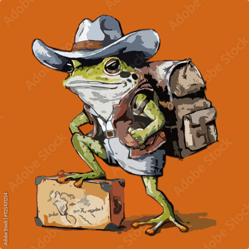 Backpacking Camping Survival Expedition vector Outback Cowboy Frog traveling with suitcase and essential supplies fun cartoon character on orange background