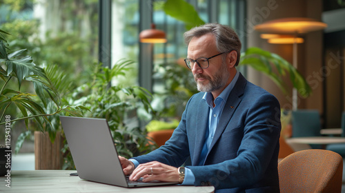 A man in a blue suit sits at a table working on a laptop in a modern, plant-filled workspace