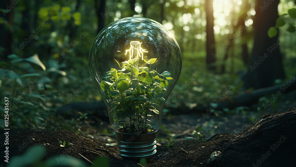 A light bulb with green vegetation, set in a forest, symbolizes eco-friendly energy and sustainability A light bulb with green vegetation, set in a forest, symbolizes eco-friendly energy and sustainability