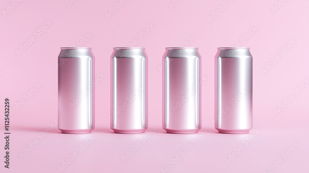 Four Shiny Aluminum Cans on Pink Background Beverage Packaging Mockup Four Shiny Aluminum Cans on Pink Background Beverage Packaging Mockup