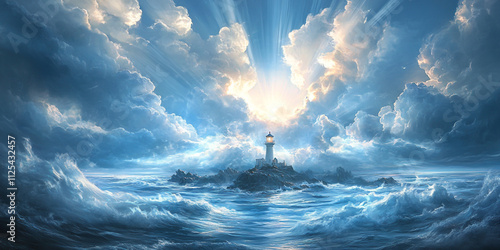 A lighthouse standing on an island in the middle of a stormy sea photo