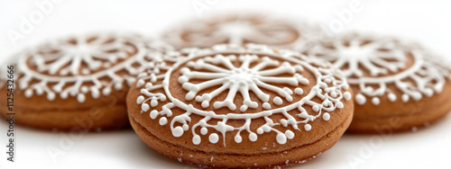 Close-up of intricately decorated gingerbread cookies with white icing patterns, creating a festive and artistic design on a white background.