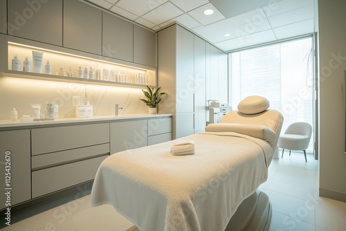 A clean and minimalistic spa room featuring a treatment bed, skincare products, and natural light