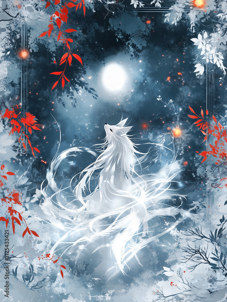 Fototapeta premium Enigmatic spirit dancing in a moonlit forest with red leaves 