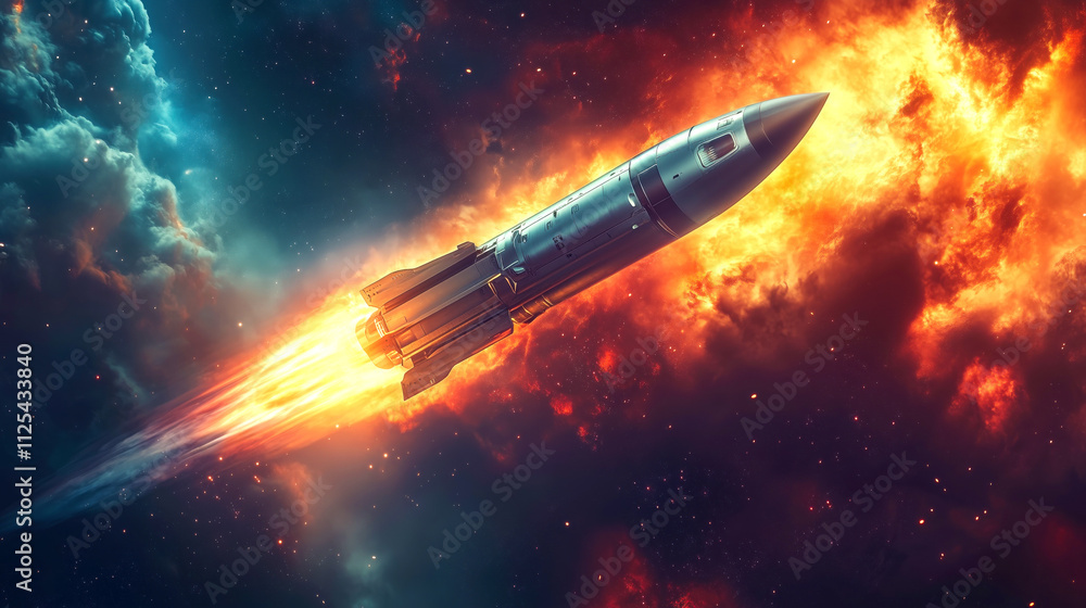 Rocket flying through space with orange fire and smoke trail Rocket flying through space with orange fire and smoke trail