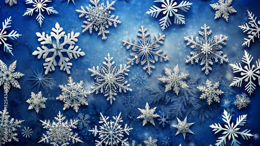 Explore a mesmerizing winter wonderland filled with intricate snowflakes dancing through a dreamy blue backdrop. Generative AI