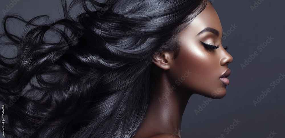 Close-up profile of a black woman with flawless glowing skin and sleek black hair flowing dramatically. Advertising image of a beauty salon, hair products. Close-up profile of a black woman with flawless glowing skin and sleek black hair flowing dramatically. Advertising image of a beauty salon, hair products.