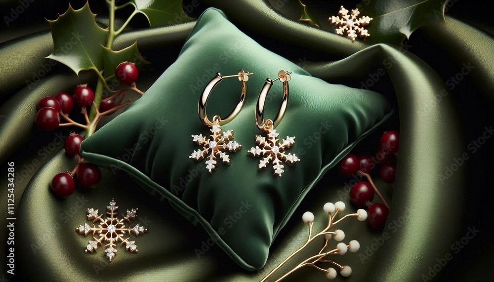 A pair of gold snowflake earrings displayed on a plush green velvet pillow, surrounded by holly leaves and berries, radiating a festive and luxurious Christmas atmosphere.
A pair of gold snowflake earrings displayed on a plush green velvet pillow, surrounded by holly leaves and berries, radiating a festive and luxurious Christmas atmosphere.