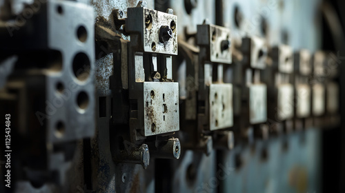 An intricate close-up of circuit breakers and bus bars inside an electrical cabinet.