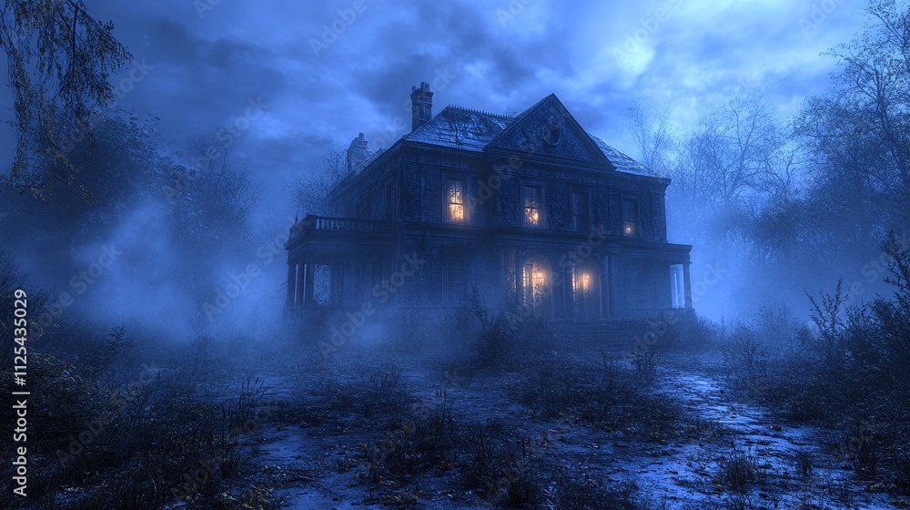 haunted house illuminated by swirling mist at night haunted house illuminated by swirling mist at night