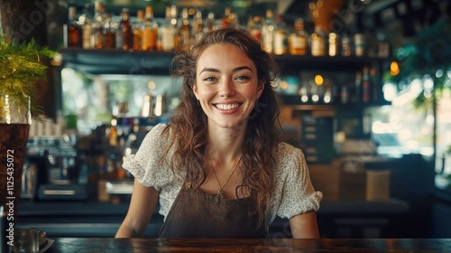 Cheerful young female barista in apron and white blouse smiling behind bar counter with warm ambient lighting and blurred bottles background, representing hospitality industry