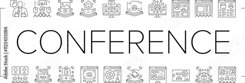 virtual conference event online icons set vector. quarantine video, digital business, screen people, presentation technology caller virtual conference event online black contour illustrations