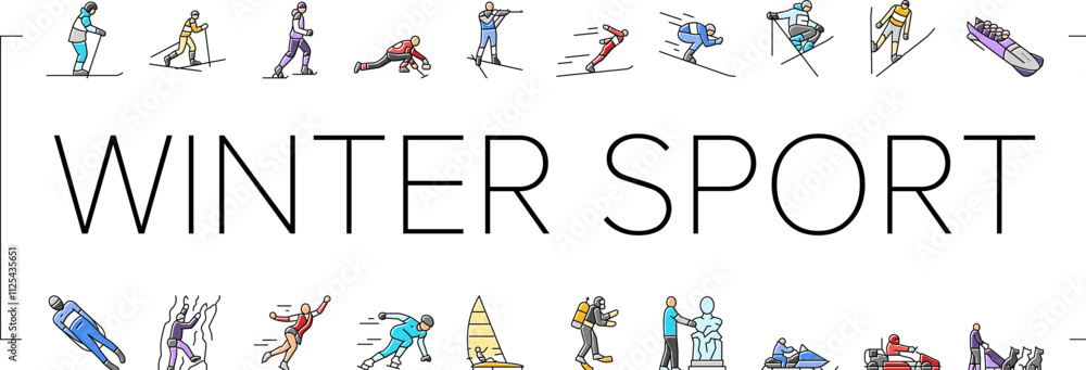 winter sport ski snow jump icons set vector. mountain snowboard, travel sky, white skier, slope extreme, speed active man athlete winter sport ski snow jump color line illustrations winter sport ski snow jump icons set vector. mountain snowboard, travel sky, white skier, slope extreme, speed active man athlete winter sport ski snow jump color line illustrations
