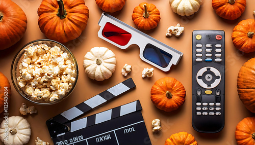 Top view of Halloween movie night setup with popcorn, remote control, 3D glasses, film clapper