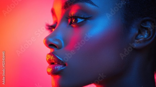 Close-up profile of a young woman's face, illuminated with vibrant red and blue light.