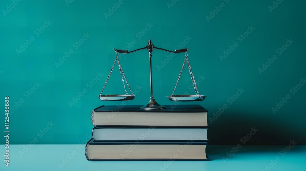 A silver balance scale rests on three stacked books against a turquoise background representing law justice and knowledge A silver balance scale rests on three stacked books against a turquoise background representing law justice and knowledge
