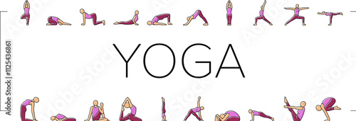 yoga exercises sport health icons set vector. workout healthy, fit woman, female balance, body people, home, pose gym, girl active yoga exercises sport health color line illustrations