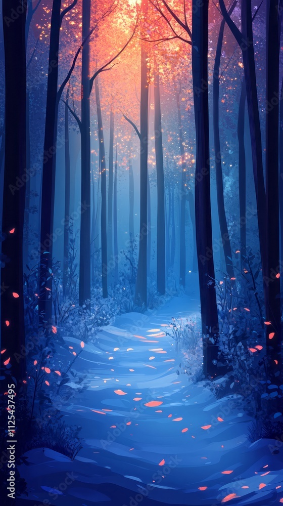 Obraz premium This artwork showcases a mystical forest pathway lined with tall dark trees