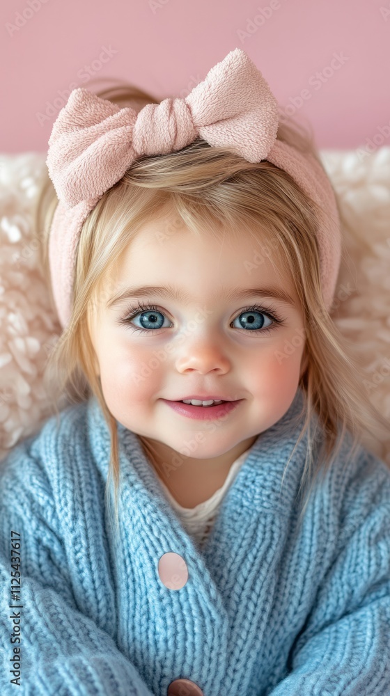 A delightful young girl smiles brightly with sparkly blue eyes, wearing a cozy blue sweater and a pink headband, creating a joyful and warm atmosphere in a gentle backdrop A delightful young girl smiles brightly with sparkly blue eyes, wearing a cozy blue sweater and a pink headband, creating a joyful and warm atmosphere in a gentle backdrop