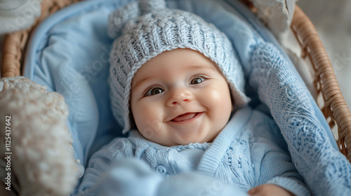 Adorable Baby Boy in Blue Knitted Hat and Outfit Smiling in Basket