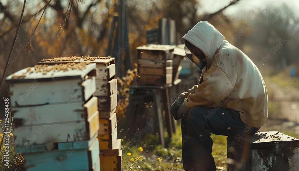 Apiary. The beekeeper works with bees near the hives. Apiculture. Theme of beekeeping Apiary. The beekeeper works with bees near the hives. Apiculture. Theme of beekeeping