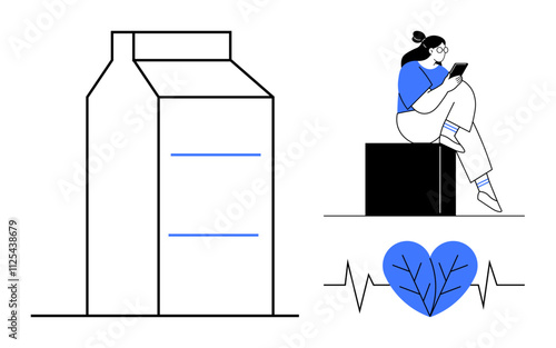 Woman sitting on a cube reading on phone, next to large milk carton and heartbeat line with blue heart leaf design. Ideal for health, wellness, nutrition, lifestyle, self-care, dairy products, tech