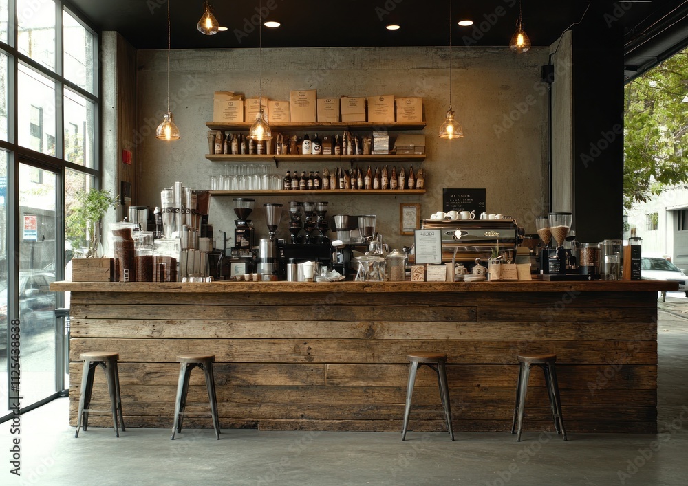 A beautifully designed coffee bar features reclaimed wood counters, industrial stools, and a welcoming atmosphere A beautifully designed coffee bar features reclaimed wood counters, industrial stools, and a welcoming atmosphere