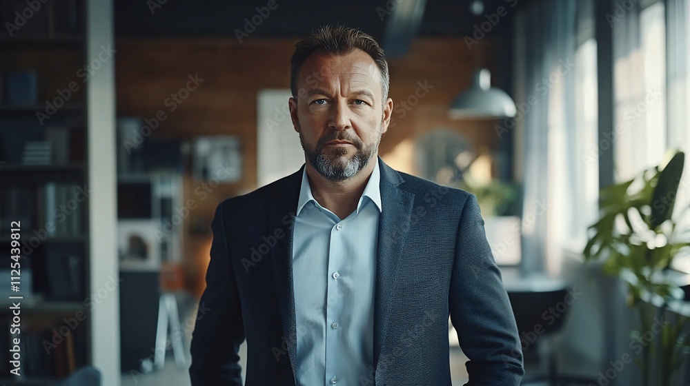 Confident middle-aged businessman in modern office. Confident middle-aged businessman in modern office.