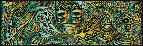 Papua New Guinea, Pacific Tribal Design_02_green_gold