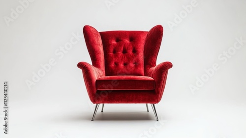 A red velvet armchair featuring a shell-shaped back and black legs.