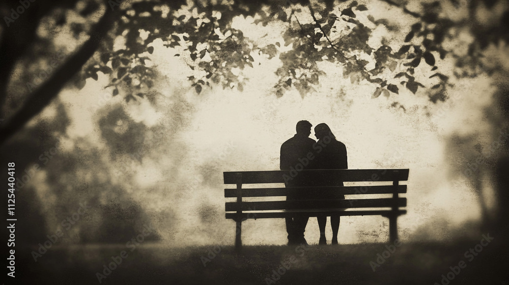 Romantic Couple Silhouette on Park Bench Autumnal Park Setting Love Affection Tranquil Romantic Couple Silhouette on Park Bench Autumnal Park Setting Love Affection Tranquil