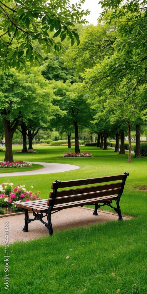 Scenic view of a peaceful park with a wooden bench surrounded by lush green trees and colorful flowers, green Scenic view of a peaceful park with a wooden bench surrounded by lush green trees and colorful flowers, green