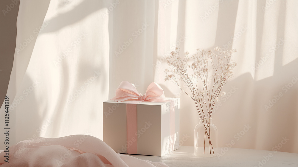 Minimalist Valentine's scene, small gift box with ribbon, soft pink and white color palette, gentle lighting, clean and simple design with modern aesthetic, cozy and calm mood Minimalist Valentine's scene, small gift box with ribbon, soft pink and white color palette, gentle lighting, clean and simple design with modern aesthetic, cozy and calm mood