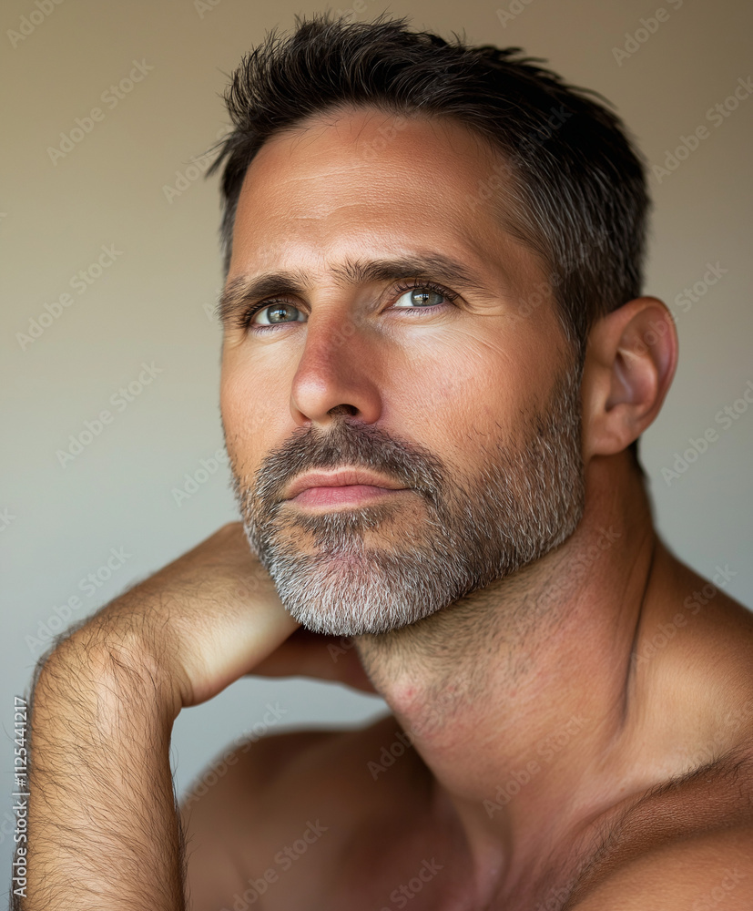Obraz premium Selbstbewusster Mann mit kurzem Haar und Bart, Intensiver Blick