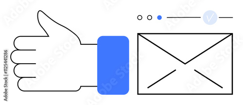 Thumbs up gesture beside a message envelope with notification indicators. Ideal for communication, approval, social media, feedback, messaging, email, and digital marketing themes. Line metaphor
