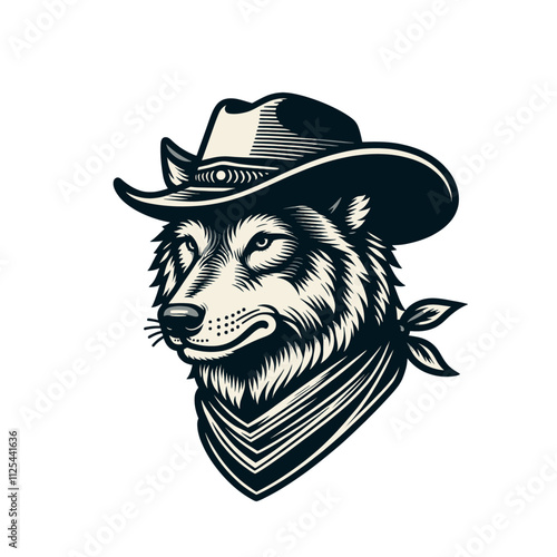 Stylized wolf wearing a cowboy hat and scarf in classic western design. A detailed isolated vector illustration ideal for logos, branding, tattoos, and themed merchandise. photo