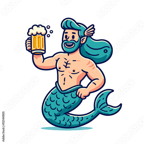 A whimsical merman with flowing hair holding a frothy beer mug, ideal for fantasy-themed designs, ocean illustrations, or creative branding. Isolated vector illustration
