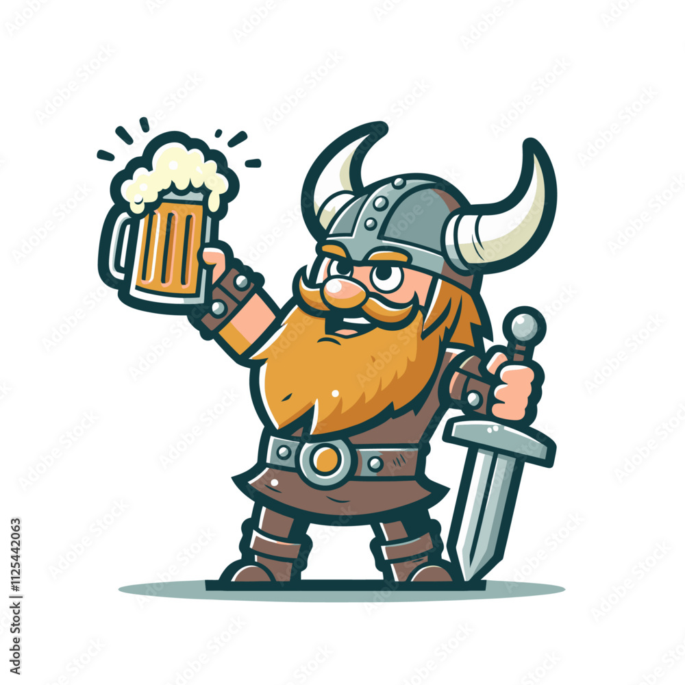 A cheerful Viking holding a frothy beer mug and a sword, ideal for medieval-themed bar logos, party designs, or festive illustrations. Isolated vector illustration on a white background. A cheerful Viking holding a frothy beer mug and a sword, ideal for medieval-themed bar logos, party designs, or festive illustrations. Isolated vector illustration on a white background.