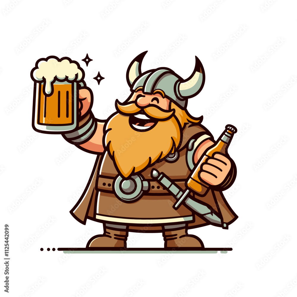A cheerful cartoon Viking with a beer mug and bottle, wearing a helmet and holding a sword, perfect for bar branding, party designs, or fun medieval-themed illustrations. Isolated vector illustration A cheerful cartoon Viking with a beer mug and bottle, wearing a helmet and holding a sword, perfect for bar branding, party designs, or fun medieval-themed illustrations. Isolated vector illustration