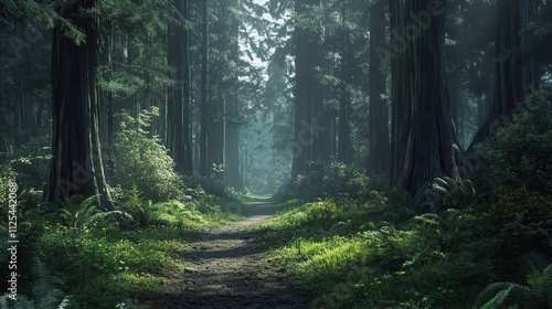 Misty forest path.