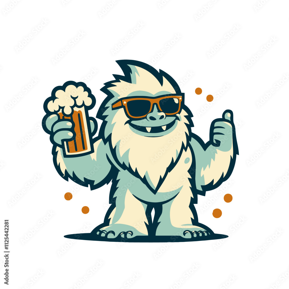 Naklejka premium A cheerful yeti in orange sunglasses giving a thumbs up while holding a frothy beer mug, perfect for bar branding, party designs, or winter-themed illustrations. Isolated vector illustration