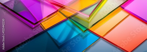 A vibrant abstract pattern of overlapping thick sheets of clear colored plexiglass. This image is suitable for use in design projects, modern interiors and as a background