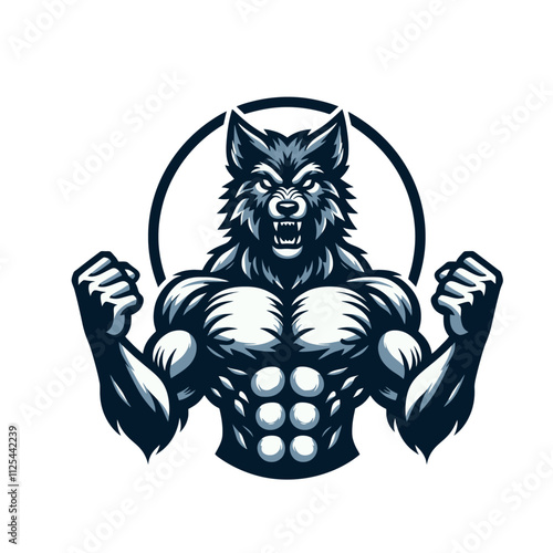 A fierce muscular wolf raising fists in a powerful stance, perfect for fitness logos, gym branding, or athletic designs. Isolated vector illustration in black and white.