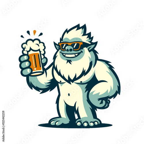 A cheerful yeti wearing orange sunglasses and holding a frothy beer mug, perfect for fun party branding, bar designs, or winter-themed illustrations. Isolated vector illustration on a white background