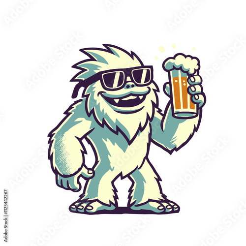 A cool yeti wearing sunglasses and holding a frothy beer mug, ideal for bar branding, party designs, or winter-themed illustrations. Isolated vector illustration 